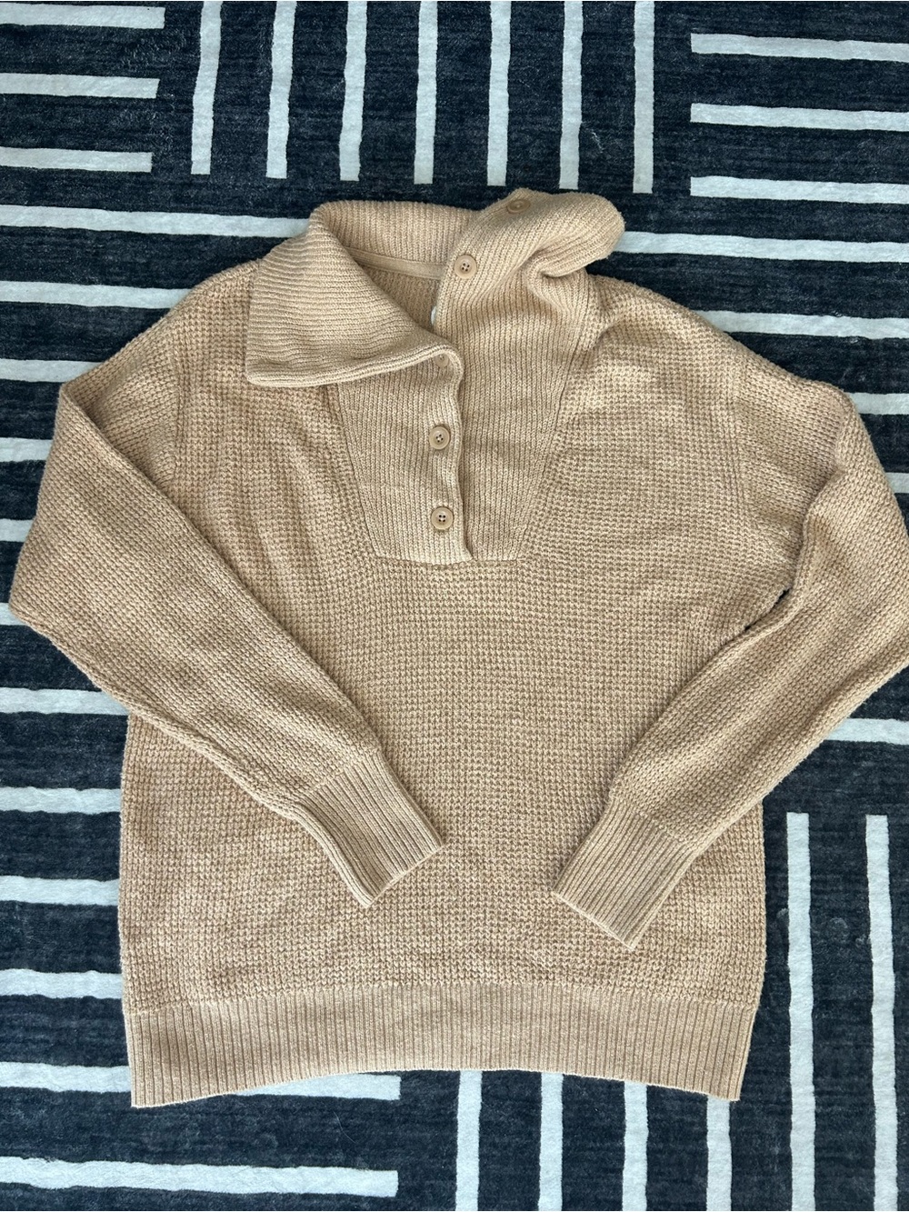 aerie Beige Tan Camel brown Button-Neck Cowl Wagfle Knit Sweater Oversized XS